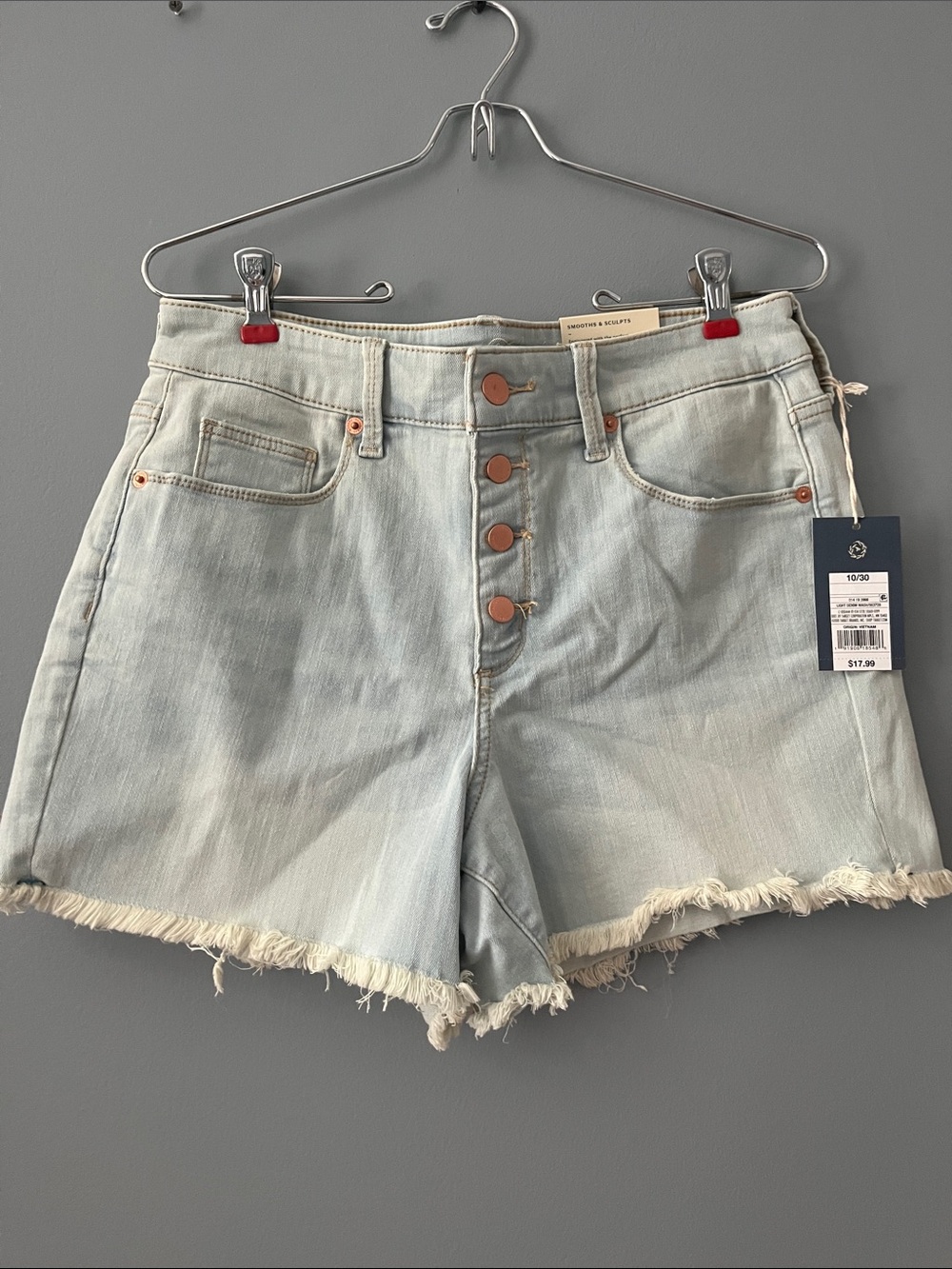 High-Rise Light Wash Denim Shorts with Frayed Hem